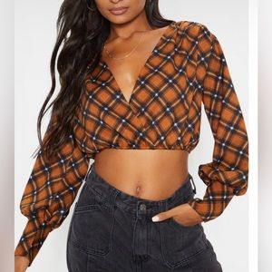 Pretty Little Thing Brown Check Plunge Elastic Hem Blouse